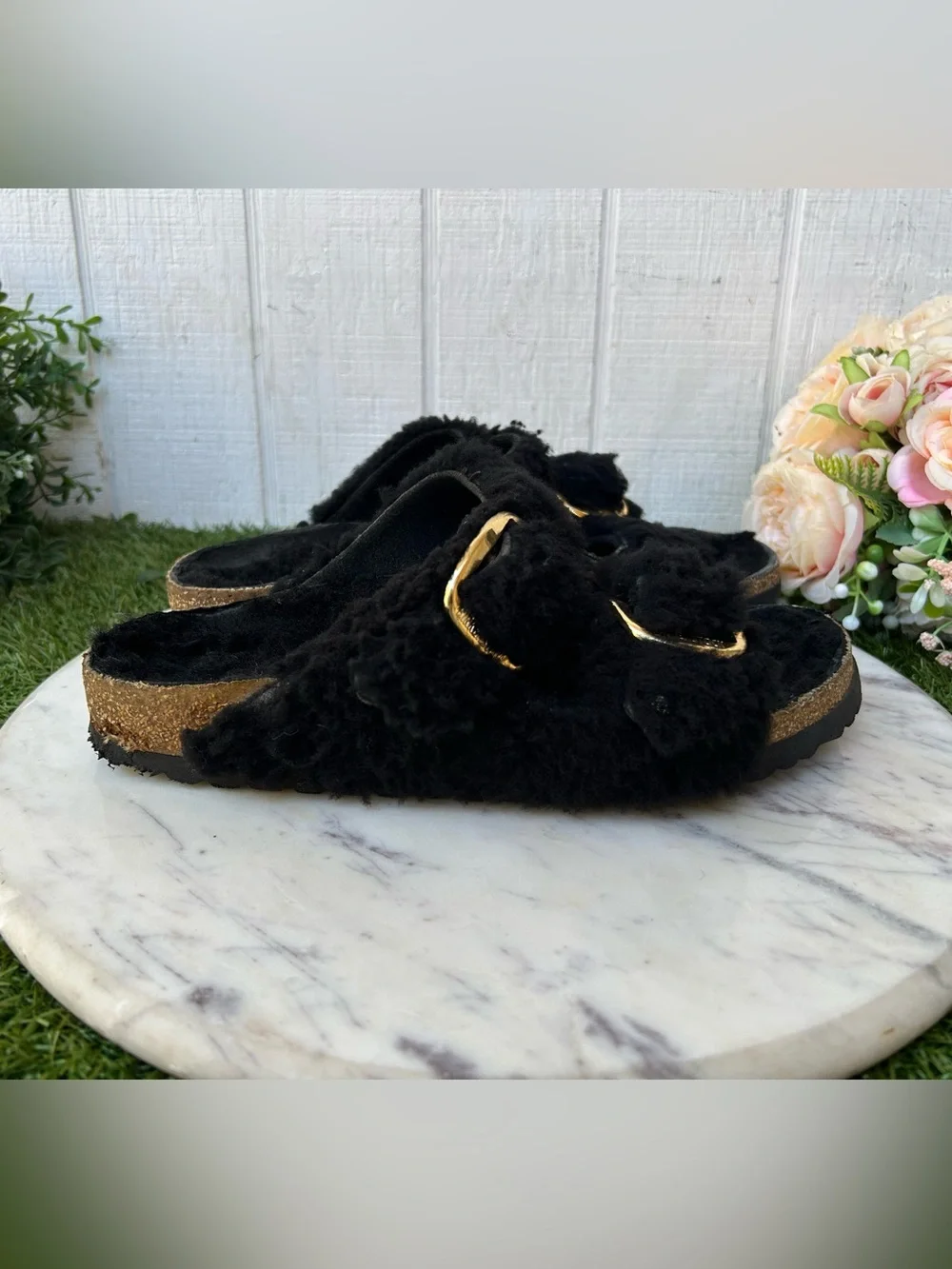 Birkenstock Arizona Big Buckle Sandal Teddy Black size 40 US 9-9.5 preowned